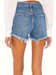 Ripped Raw Hem Denim Shorts for Women - Non-Stretch Solid Color Distressed Washed Blue Denim - Spring/Summer Casual Shorts with Woven Fabric and No Printing