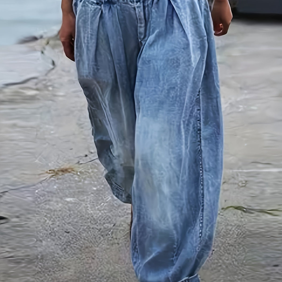 「lovevop」Blue Elastic Waist Denim Pants, Loose Fit Slight-Stretch Slash Pockets Baggy Straight Jeans, Women's Denim Jeans & Clothing