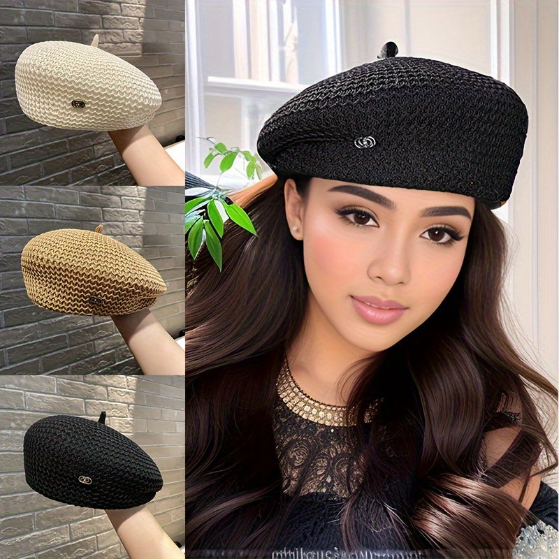 Vibrant Beret Hat for Women - Lightweight, Breathable, Spring/Summer Hollow-Out Structured Painter Cap with Japanese Style Casual All-Match, Face-Slimming Fashion Design, Trendy Accessory for Outdoor Activities and Daily Wear