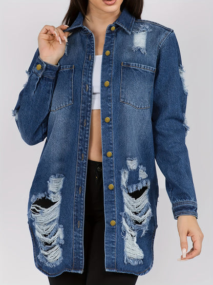 Lovevop-Distressed Denim Jacket, Long Button Up Ripped Jean Jacket Top, Women's Clothing & Outerwear