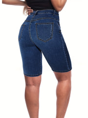 「lovevop」Dark Blue High Waist Denim Shorts, Slim Fit Slash Pockets High Rise Short Denim Pants, Women's Denim Jeans & Clothing