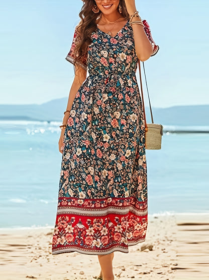 「lovevop」Boho Floral Print V Neck Dress, Casual Short Sleeve Dress For Spring & Summer, Women's Clothing