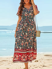 「lovevop」Boho Floral Print V Neck Dress, Casual Short Sleeve Dress For Spring & Summer, Women's Clothing