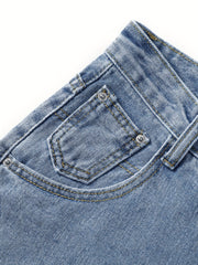 「lovevop」Blue High Waist Short Denim Pants, Rolled Hem High Rise Slash Pockets Slim Fit Short Denim Trousers, Women's Denim Jeans & Clothing