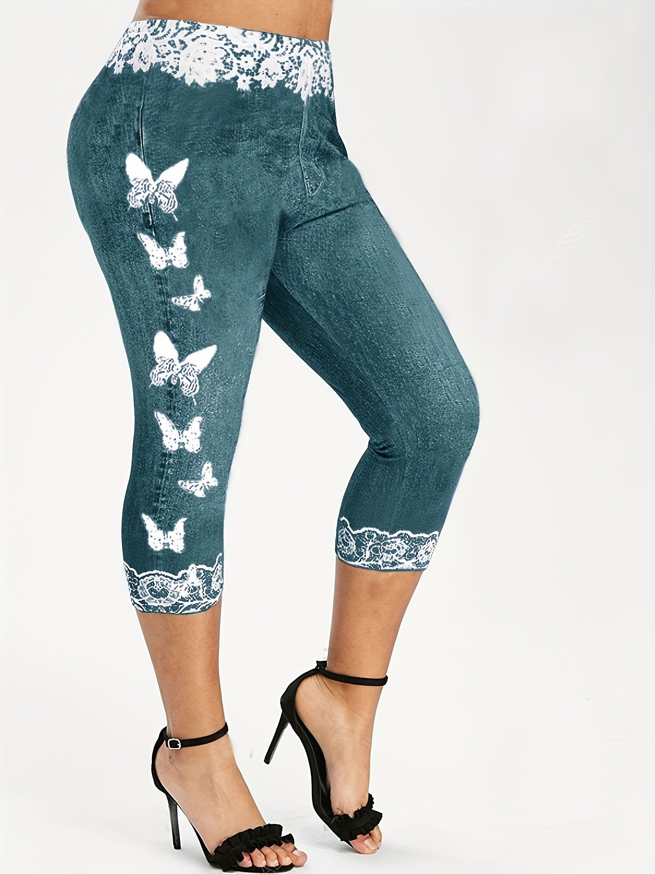 「lovevop」Butterfly & Denim Print Skinny Leggings, Stretchy High Waist Lifting Yoga Leggings, Women's Clothing