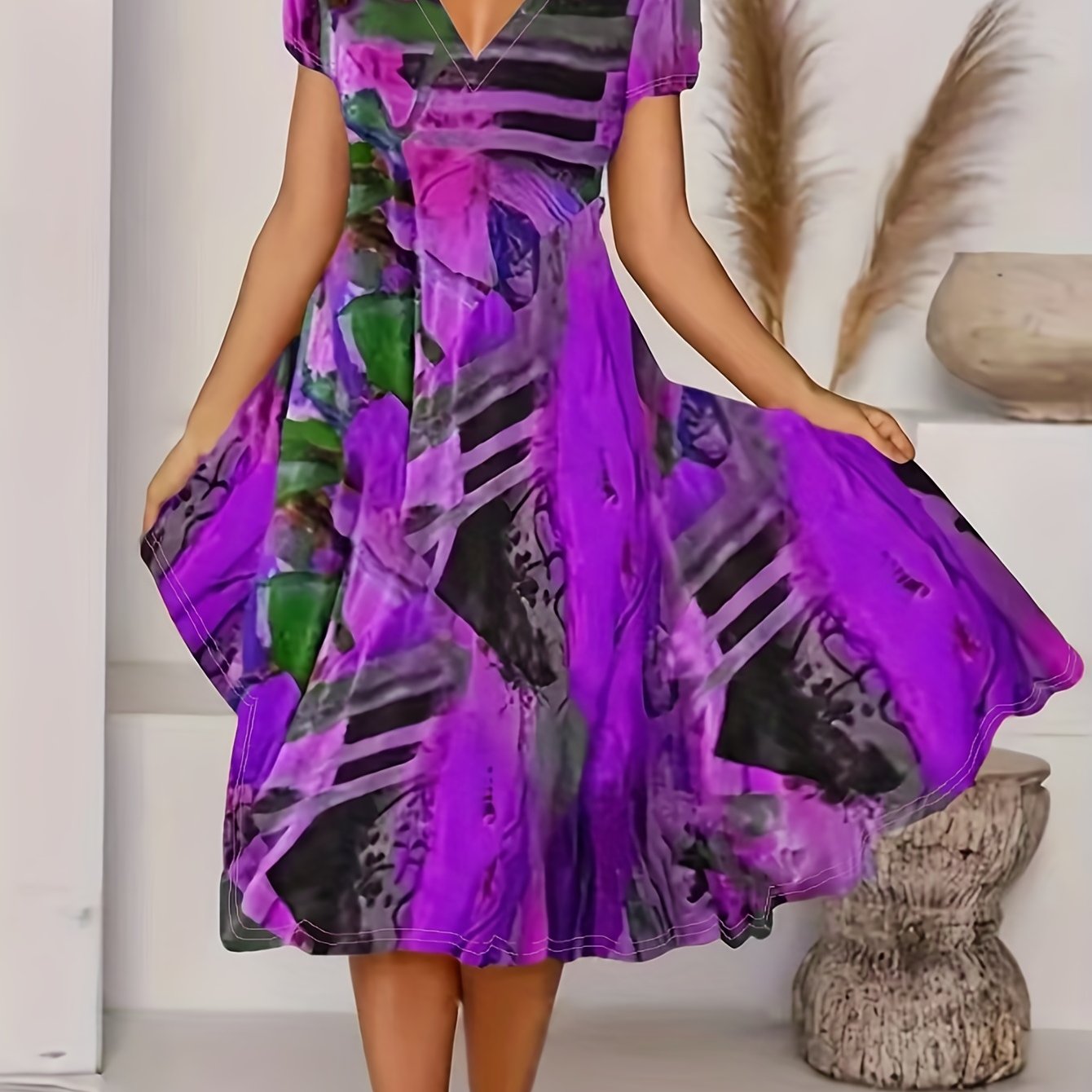 「lovevop」Short Sleeve V Neck Dress, Bohemian Casual Dress For Summer & Spring, Women's Clothing