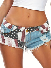 Ultra Short Womens High Stretch Denim Party Shorts - American Flag Patchwork, Frayed Raw Hem, Customized Style, Spring/Summer Fashion, Woven Fabric - Sexy Hot Pants for Women