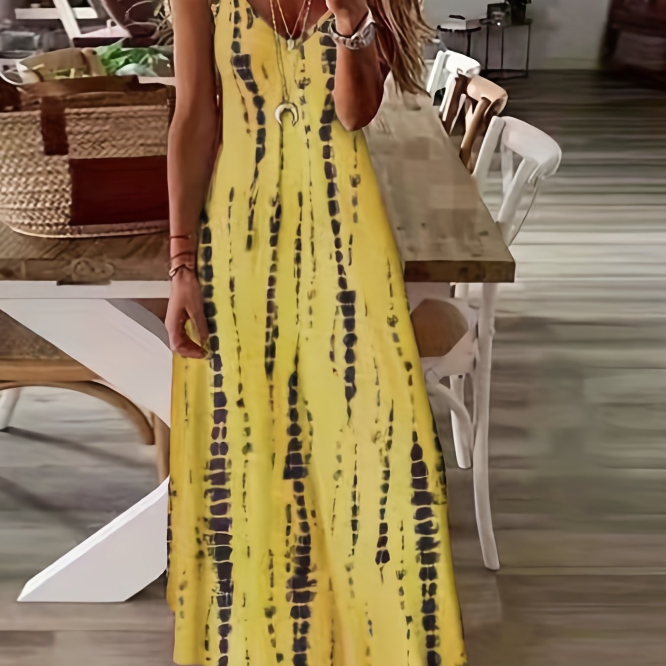 「lovevop」Tie Dye Spaghetti Dress, Casual Loose V-neck Ankle Cami Dress, Women's Clothing