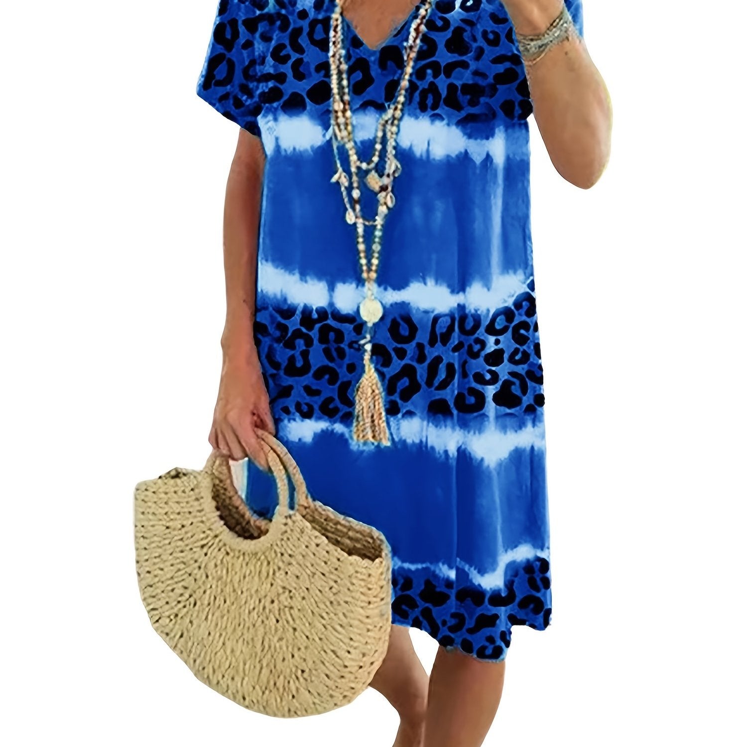 「lovevop」Leopard Print V Neck Dress, Short Sleeve Beach Vacation Casual Dress For Spring & Summer, Women's Clothing