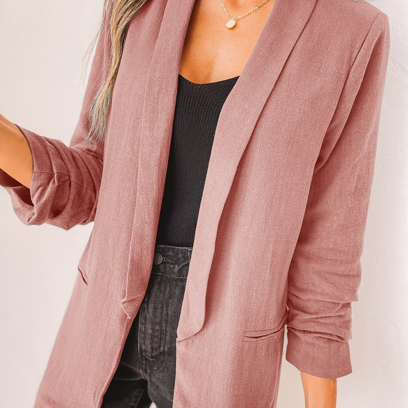 「lovevop」Solid Lapel Blazer Jacket, Casual Long Sleeve Office Work Outerwear, Women's Clothing