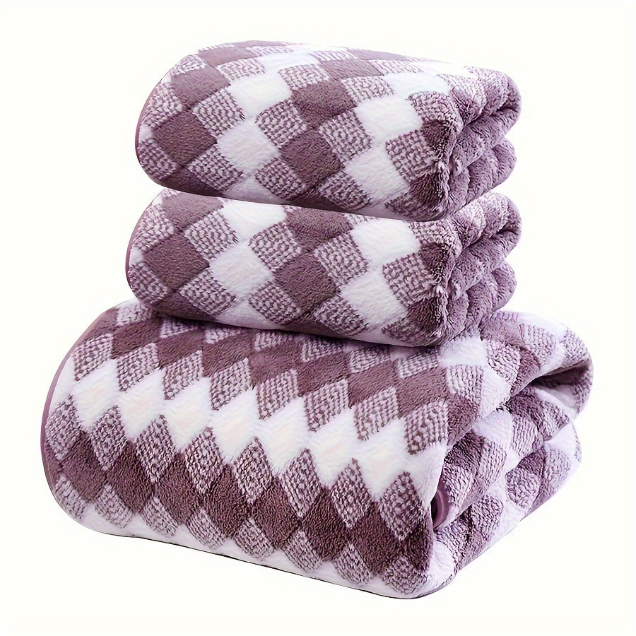 2pcs Towels + 1pc Bath Towel/ 3pcs Plaid Pattern Towel Set, Coral Velvet 2 Hand Towel + 1 Bath Towel, Soft Absorbent Towels For Bathroom, 1 Bath Towel & 2 Hand Towel, Towel Set For Home Bathroom, Bathroom Supplies