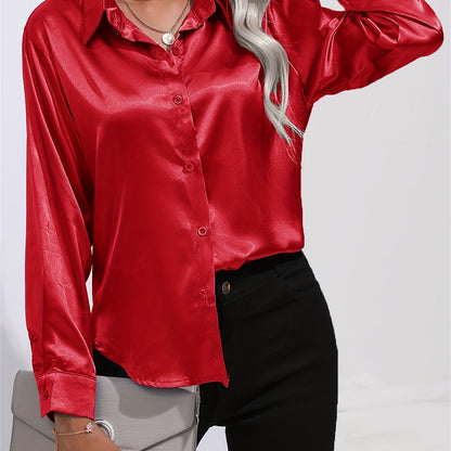 「lovevop」Solid Smoothly Shirt, Elegant Button Front Turn Down Collar Long Sleeve Shirt, Women's Clothing