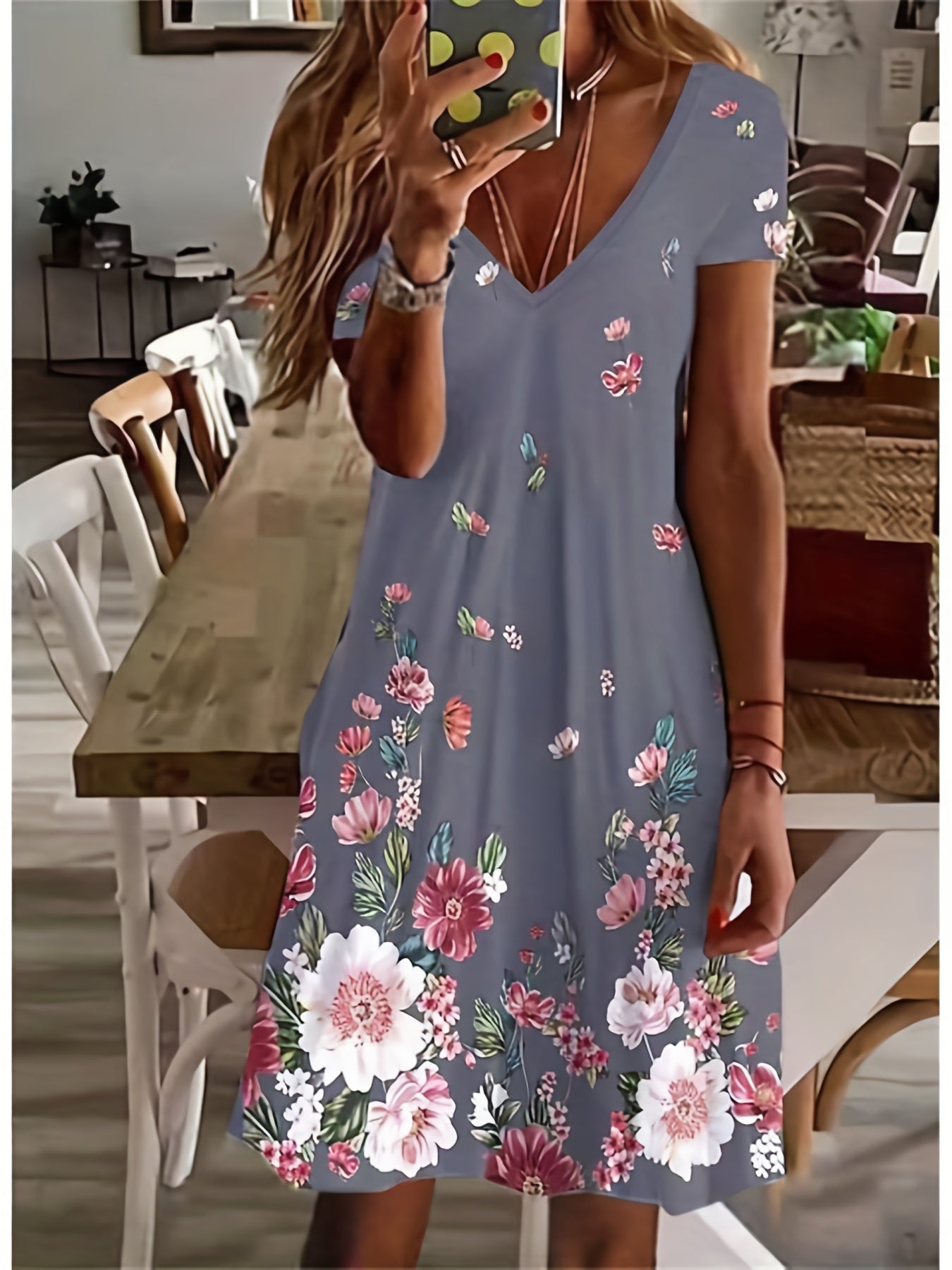 「lovevop」Floral Print Short Sleeve Dress, V Neck Casual Dress For Summer & Spring, Women's Clothing