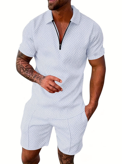 「lovevop」Men's Polyester Thin V-neck Zipper Sweatsuits With V-neck Zipper T-shirt & Shorts Christmas Gifts Best Sellers