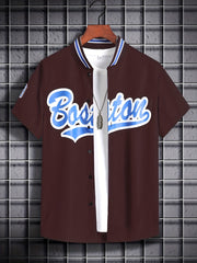 「lovevop」Men's Baseball Collar Short-sleeved Letter Printed Button Up Trendy Cool Casual Shirt