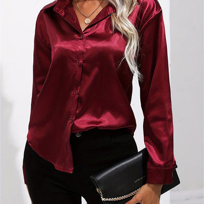 「lovevop」Solid Smoothly Shirt, Elegant Button Front Turn Down Collar Long Sleeve Shirt, Women's Clothing