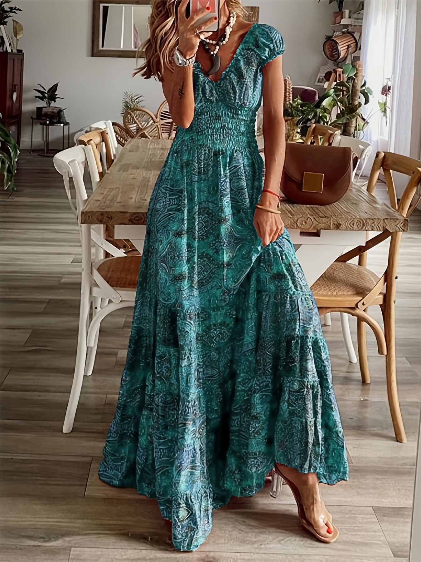 「lovevop」Floral Print Ruffle Neck Long Dress, Boho Short Sleeve Waist Summer Large Swing Dresses, Women's Clothing