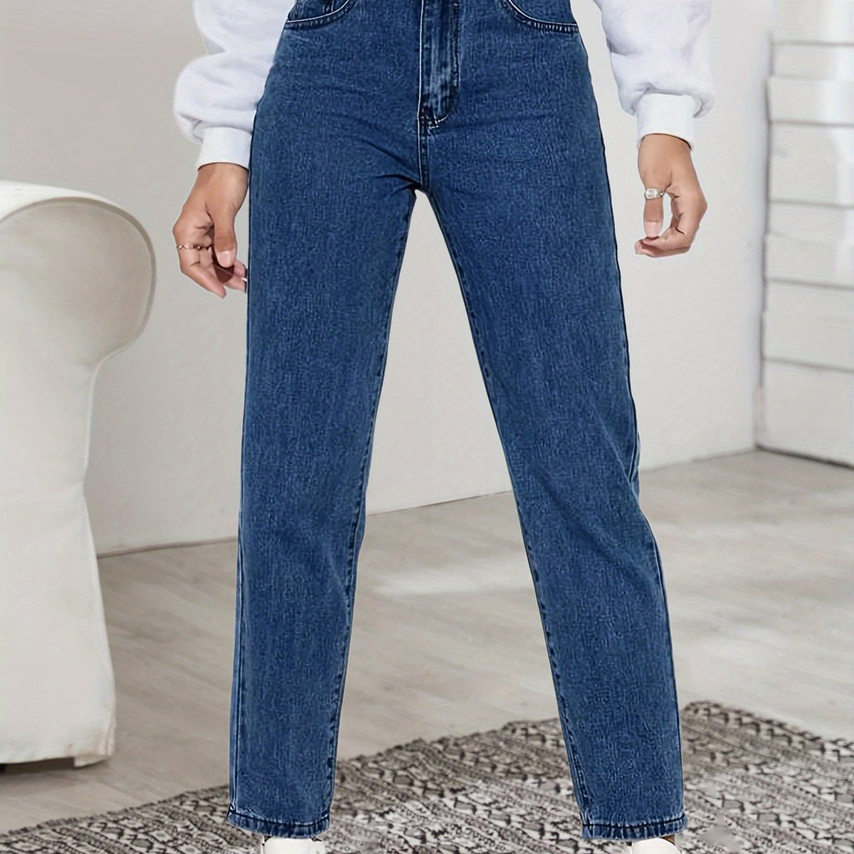 「lovevop」Blue High Waist Straight Jeans, High Rise Slash Pockets Non-Stretch Denim Pants, Women's Denim Jeans & Clothing