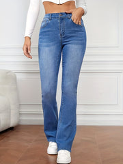 「lovevop」Blue Mid Waist Flared Jeans, Bell Bottom Slash Pockets High-Stretch Denim Pants, Women's Denim Jeans & Clothing