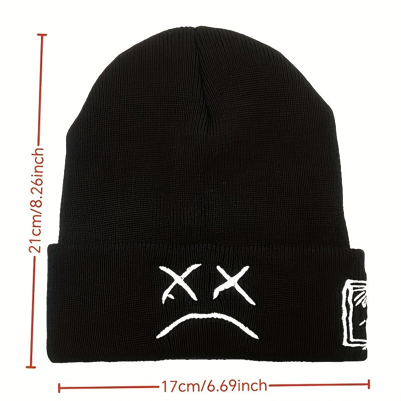 Trendy Sad Face Embroidery Graphic Beanie - Skullies & Beanies with Cuffed Design, Black & White Knit, Hip Hop Style, Casual Wear for Women and Men - Fashionable Winter Accessories