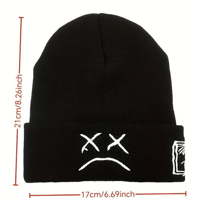 Trendy Sad Face Embroidery Graphic Beanie - Skullies & Beanies with Cuffed Design, Black & White Knit, Hip Hop Style, Casual Wear for Women and Men - Fashionable Winter Accessories