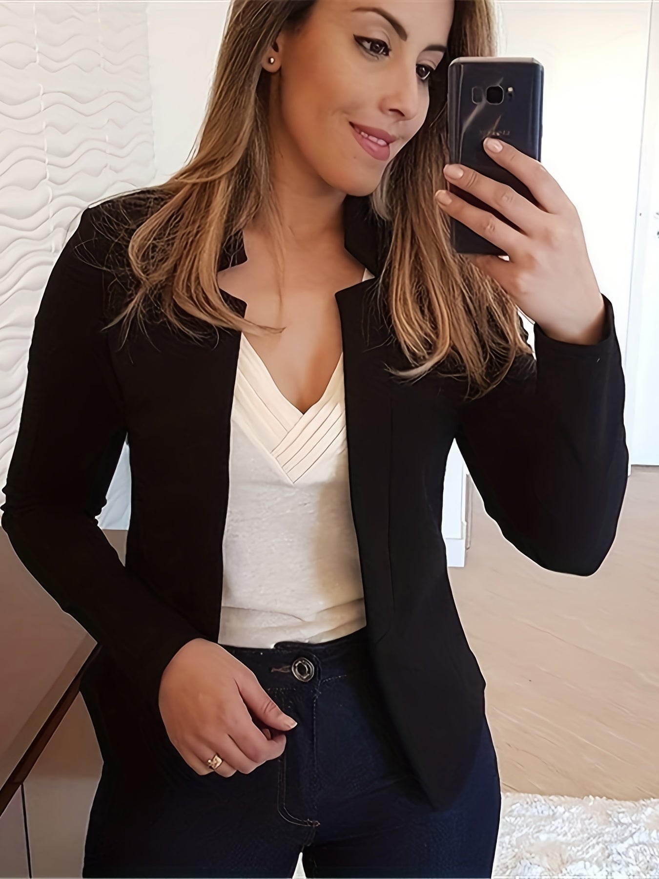 「lovevop」Solid Open Front Blazer, Elegant Long Sleeve Work Office Outerwear, Women's Clothing