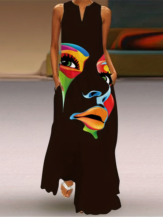 「lovevop」Abstract Face Print Maxi Dress, Notched Neck Sleeveless Casual Dress For Summer & Spring, Women's Clothing