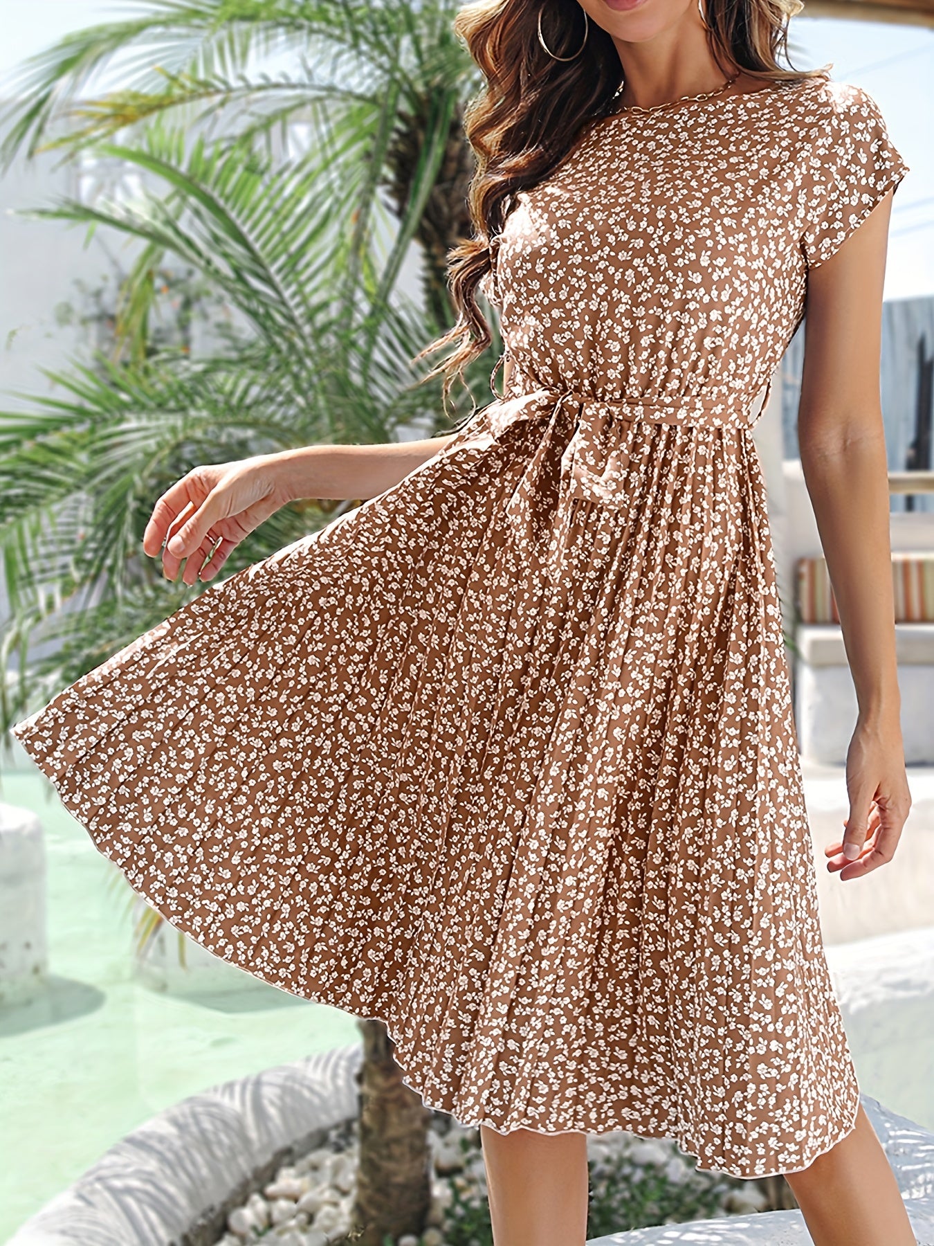「lovevop」Ditsy Floral Print Belted Dress, Short Sleeve Casual Every Day Vacation Dress For Spring & Summer, Women's Clothing