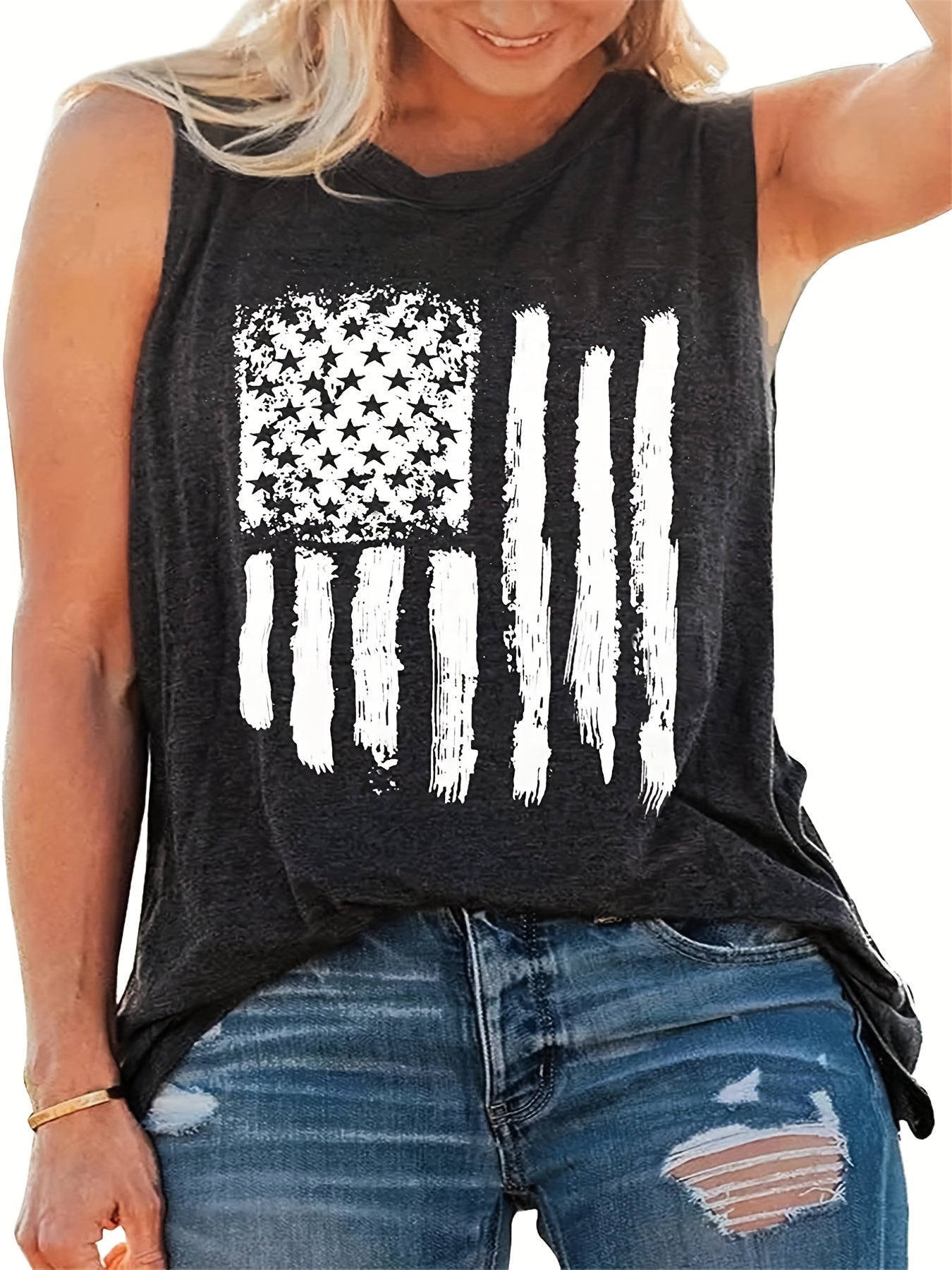 「lovevop」Flag Print Crew Neck Tank Top, Casual Sleeveless Tank Top For Summer, Women's Clothing