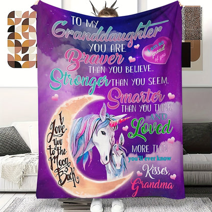 1pc Cozy Cartoon Unicorn Print Flannel Blanket - Soft, Warm, Multi-Purpose Throw for Couch, Sofa, Office, Bed, Camping, Travel - Perfect Gift for Granddaughter from Grandma, All Season, Indoor, Outdoor, Nap, Snuggle, Relaxation