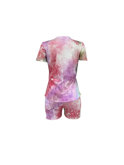 「lovevop」Casual Tie Dye 2pcs Set, Short Sleeve Crew Neck T-shirt & Letter Print Stretchy Shorts, Women's Clothing