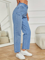 「lovevop」Light Blue Casual Straight Jeans, Non-Stretch Loose Fit Slash Pockets Denim Pants, Women's Denim Jeans & Clothing