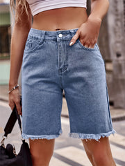 「lovevop」Blue Raw Hem Denim Shorts, Slash Pockets Straight Legs Versatile Short Denim Pants, Women's Denim Jeans & Clothing