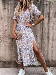 「lovevop」Womens Summer Short Sleeve V Neck Floral Print Casual Bohemian Waist Slit Dress, Women's Clothing