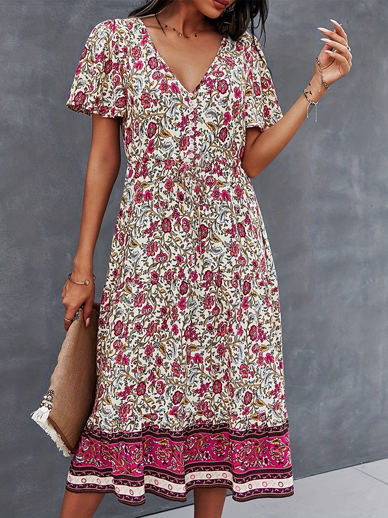 「lovevop」Boho Floral Print V Neck Dress, Casual Short Sleeve Dress For Spring & Summer, Women's Clothing