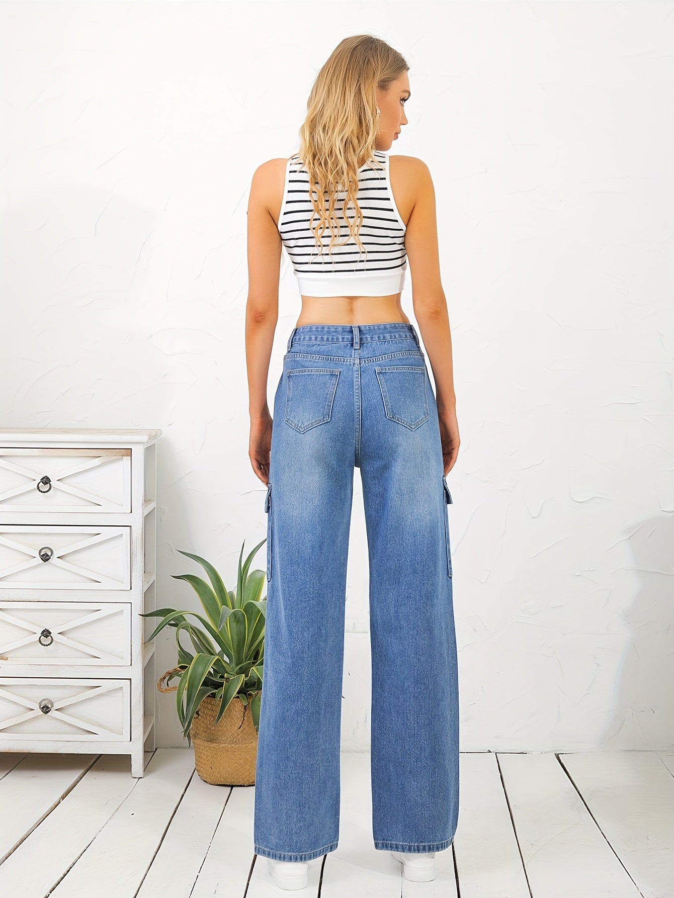 「lovevop」Flap Cargo Pocket Whiskering Denim Pants, Water Ripple Embossed Crotch Loose Straight Leg Jeans, Causal Pants For Every Day, Women's Denim Jeans & Clothing