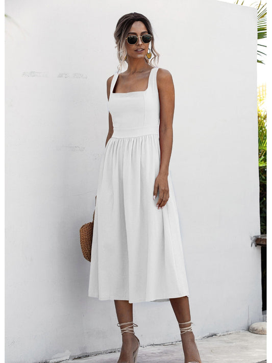 「lovevop」Women's Dresses Elegant Women Solid Midi Long Dress Summer Sexy Backless Slip Dresses Square Collar Ruched Fashion Party Boho Dresses