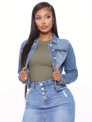 Lovevop-Blue Long Sleeves Denim Coats, Single-Breasted Button Flap Pockets Lapel Denim Jackets, Women's Denim Clothing