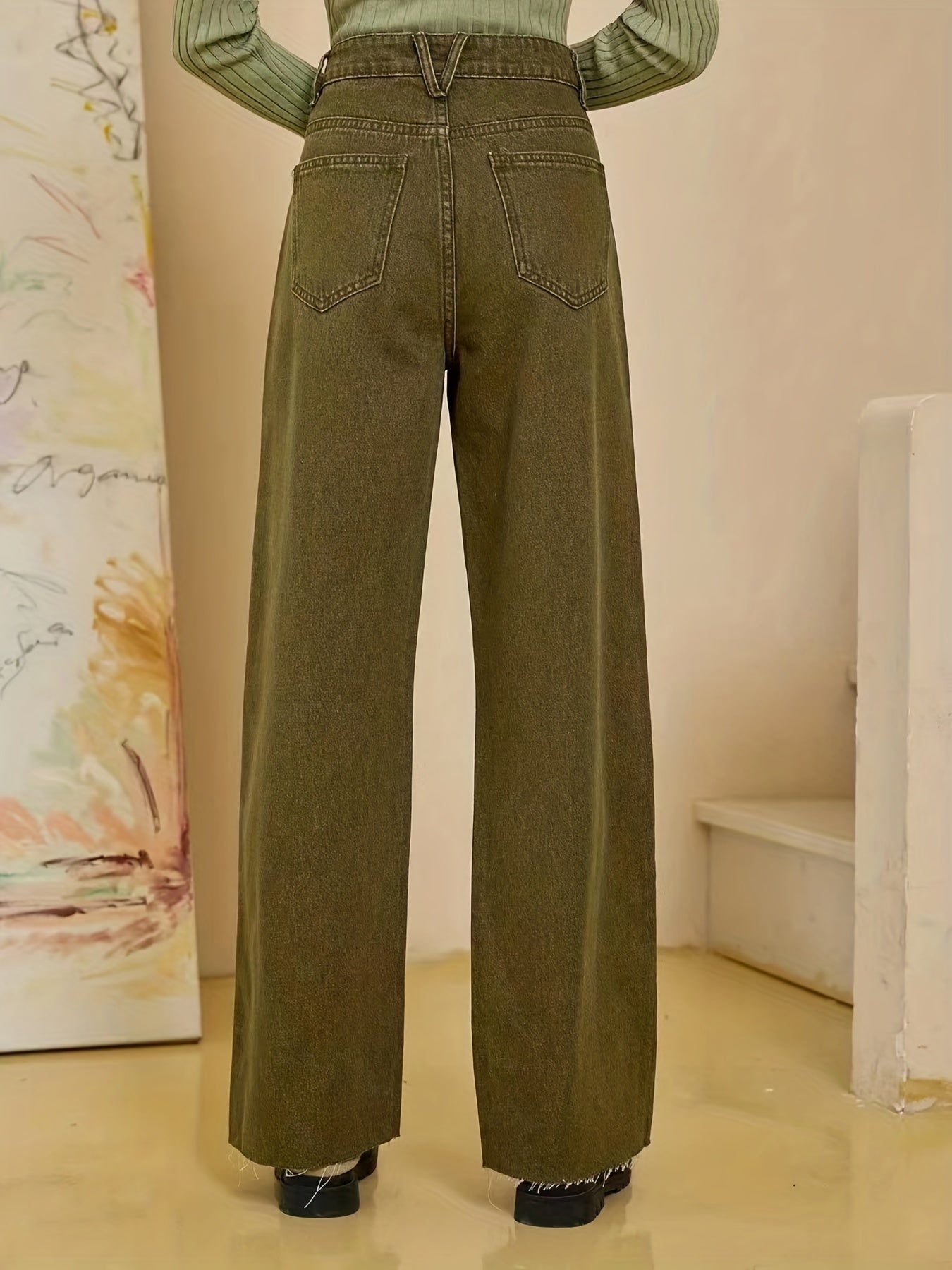 「lovevop」Olive Green Fayed Hem Jeans, Solid Color Slant Pocket Straight Leg Denim Pants, Women's Denim Jeans & Clothing