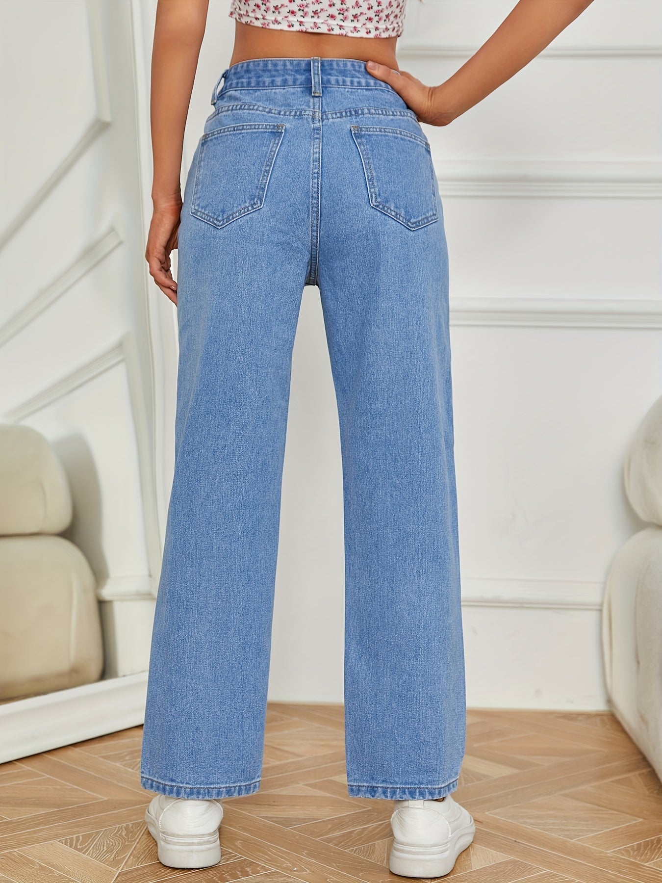 「lovevop」Light Blue Casual Straight Jeans, Non-Stretch Loose Fit Slash Pockets Denim Pants, Women's Denim Jeans & Clothing