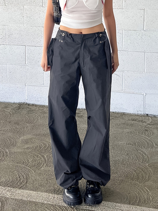 「lovevop」Solid Drawstring Straight Leg Pants, Retro Trendy Low Waist Multi Pocket Cargo Pants, Y2K Kpop Vintage Style, Women's Clothing
