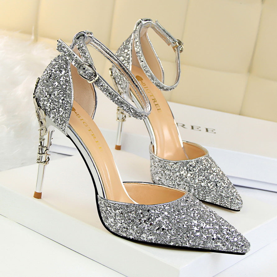 2025 283-5  style fashionable and sexy hollow nightclub showing thin metal heel high heel sparkling sequins with sandals