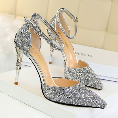 2025 283-5  style fashionable and sexy hollow nightclub showing thin metal heel high heel sparkling sequins with sandals