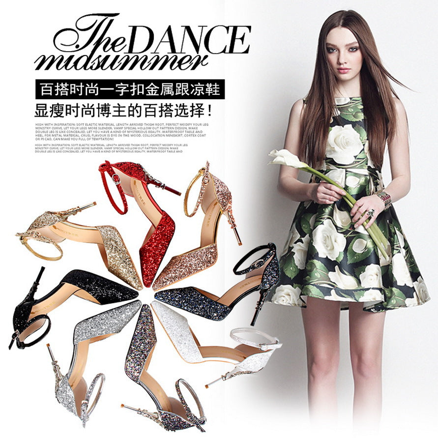 2025 283-5  style fashionable and sexy hollow nightclub showing thin metal heel high heel sparkling sequins with sandals