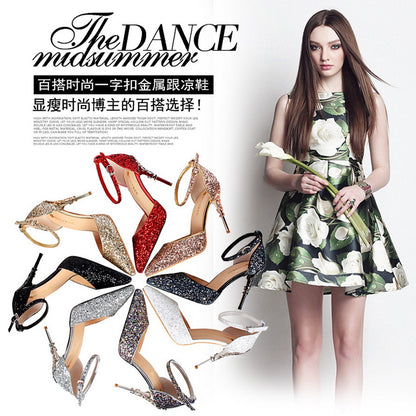 2025 283-5  style fashionable and sexy hollow nightclub showing thin metal heel high heel sparkling sequins with sandals