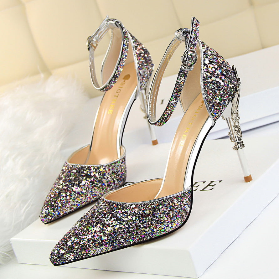 2025 283-5  style fashionable and sexy hollow nightclub showing thin metal heel high heel sparkling sequins with sandals