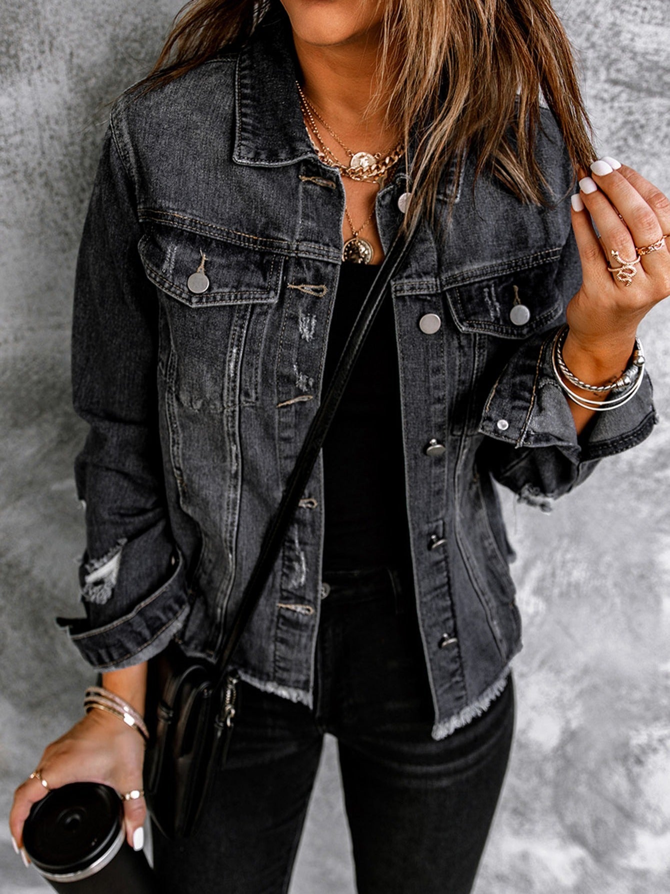Lovevop-Black Lapel Distressed Denim Coats, Raw Hem Single-Breasted Buttons Long Sleeve Denim Jackets, Women's Denim Clothing