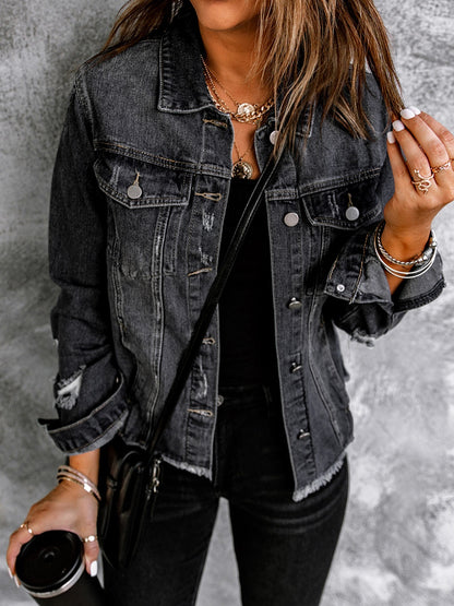 Lovevop-Black Lapel Distressed Denim Coats, Raw Hem Single-Breasted Buttons Long Sleeve Denim Jackets, Women's Denim Clothing