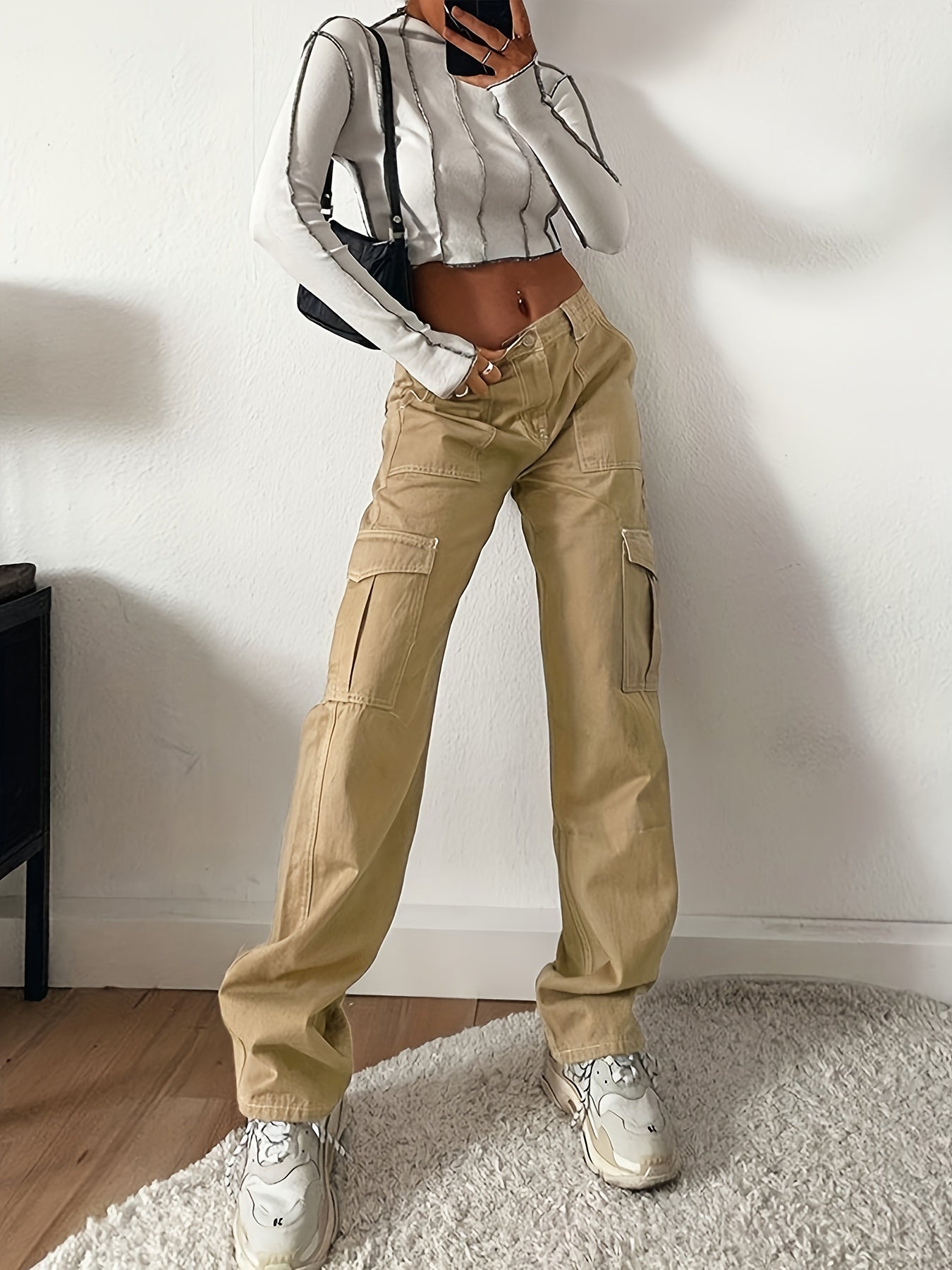 「lovevop」Loose Fit Cargo Pants, Flap Pockets Non-Stretch Solid Color Street Style Straight Jeans, Y2K Kpop Vintage Style, Women's Denim Jeans & Clothing