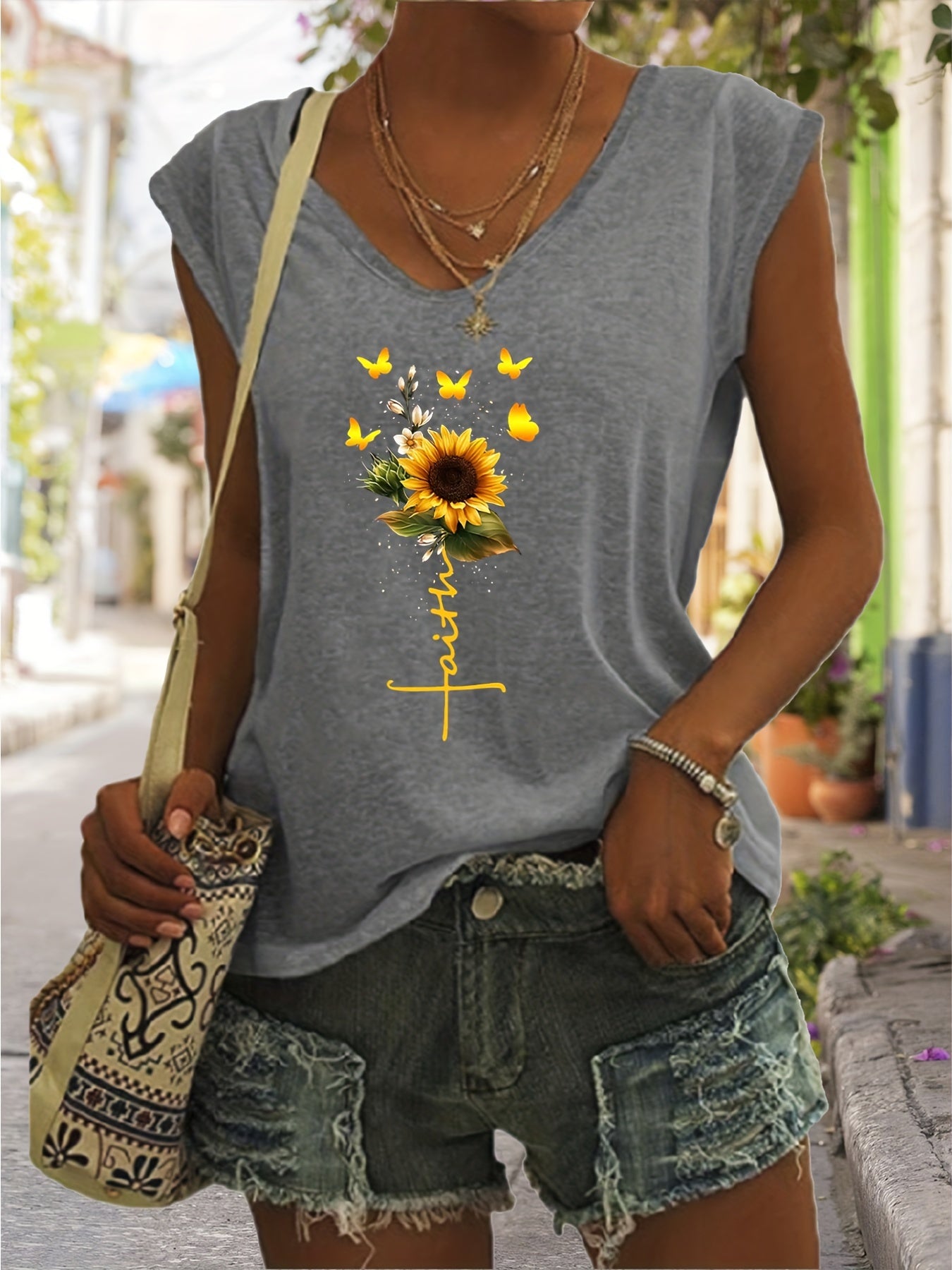 「lovevop」Sunflower Print Tank Top, Sleeveless Casual Top For Spring & Summer, Women's Clothing